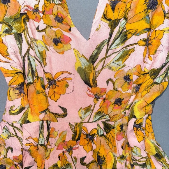 Free People Tegan Printed Floral Pleated Dress | Pink & Yellow | Size 6 - Picture 7 of 11
